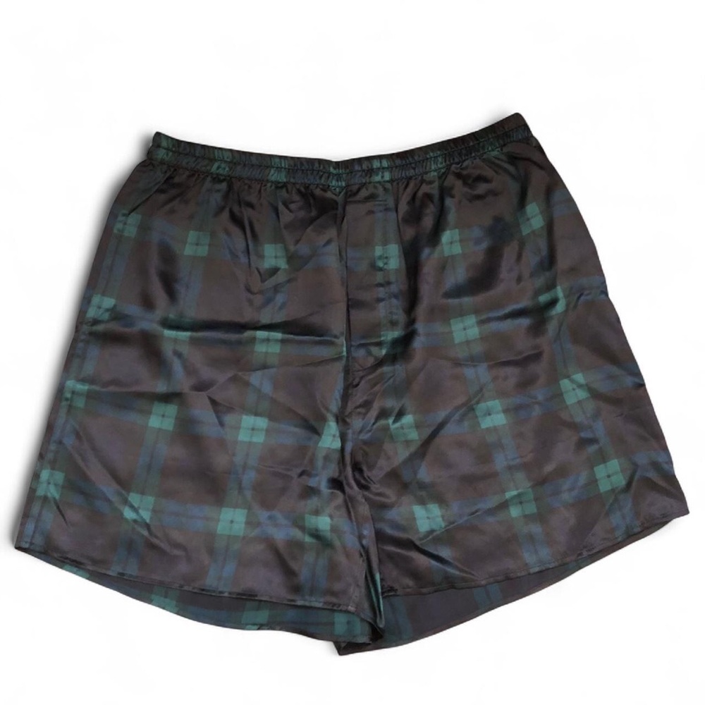 NWOT 90s Addiction Vintage 100% Silk Sleep Shorts Boxers Plaid Green Black-XL